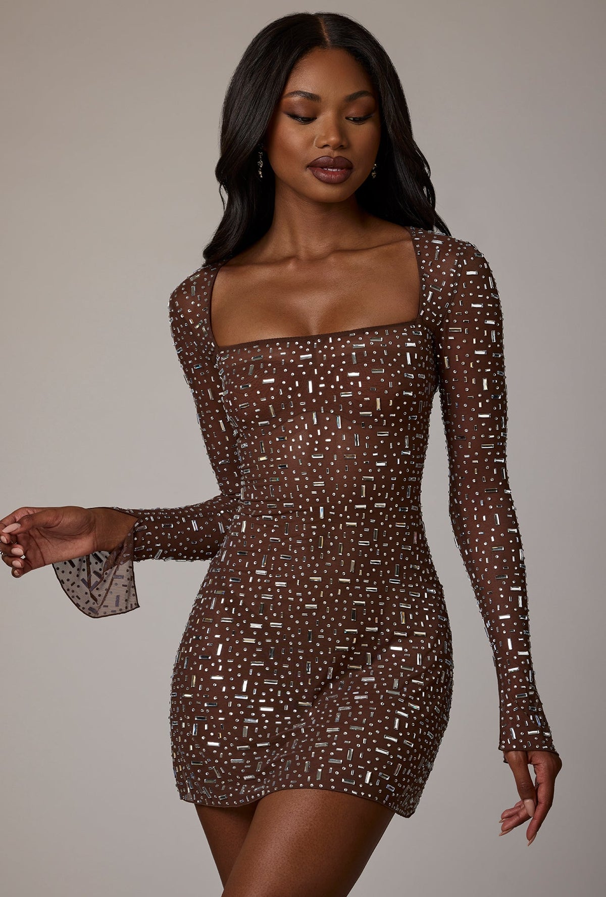 Sheer DressNovel Long Sleeve A-Line Mini Dress in Deep Cocoa