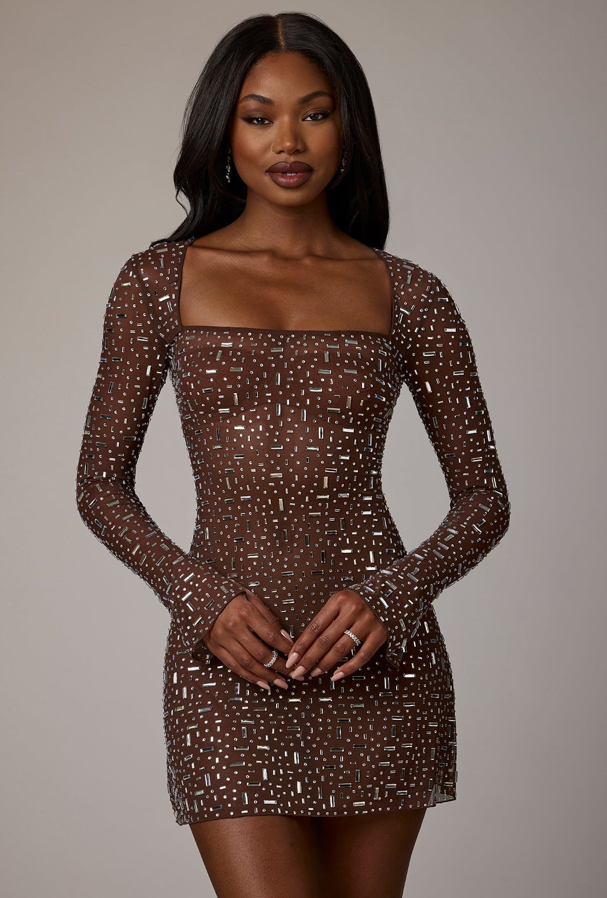 Sheer DressNovel Long Sleeve A-Line Mini Dress in Deep Cocoa