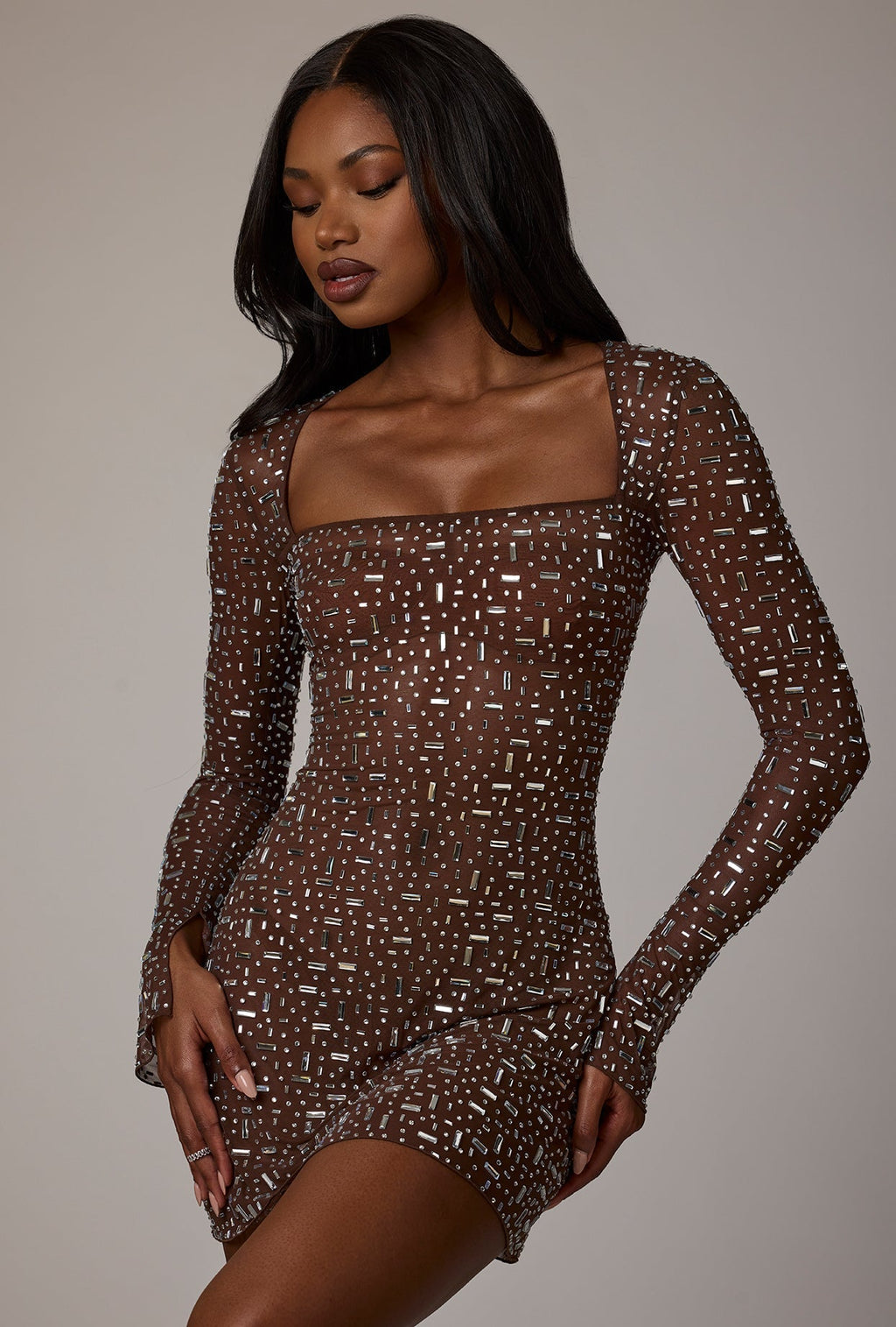 Sheer DressNovel Long Sleeve A-Line Mini Dress in Deep Cocoa