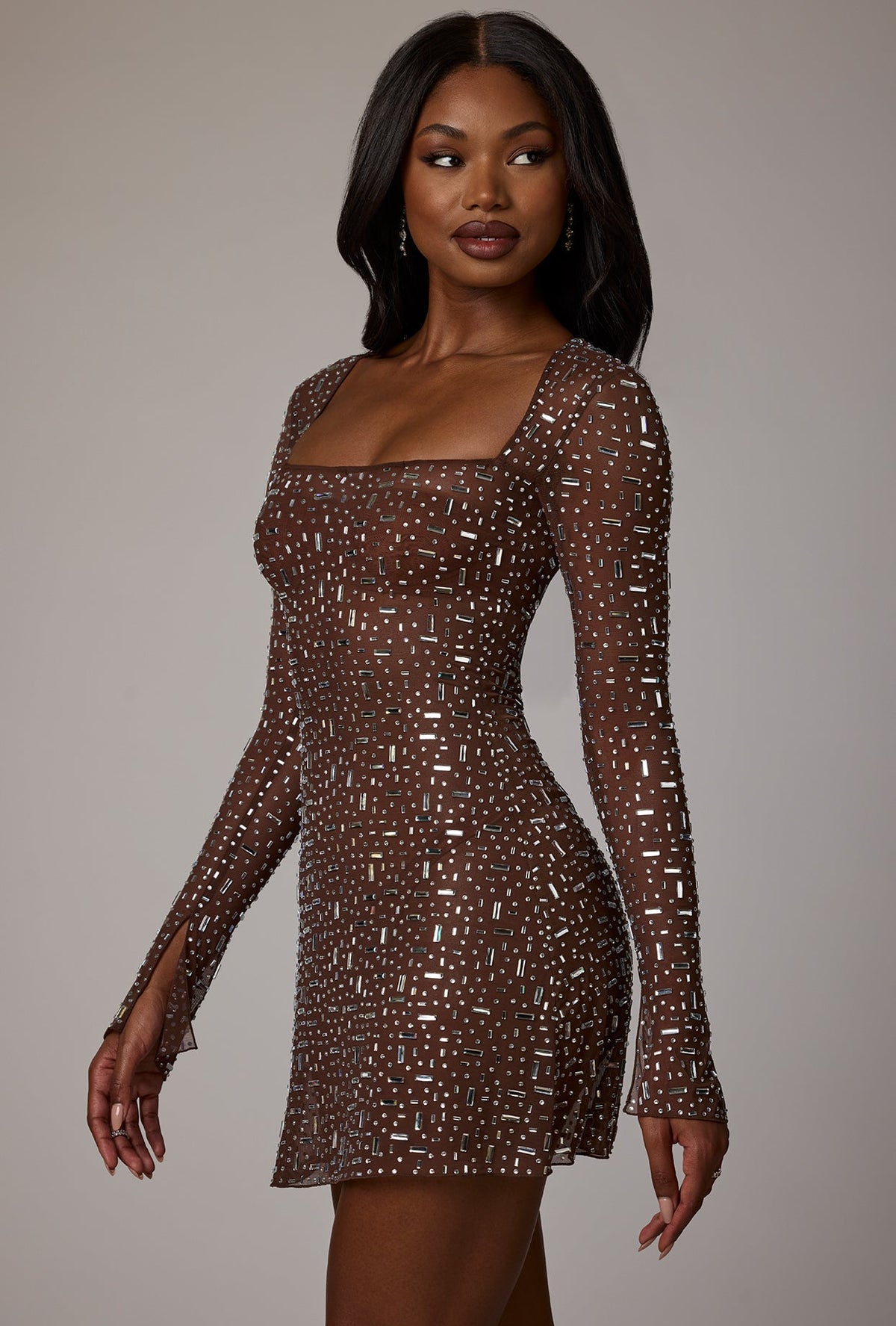 Sheer DressNovel Long Sleeve A-Line Mini Dress in Deep Cocoa