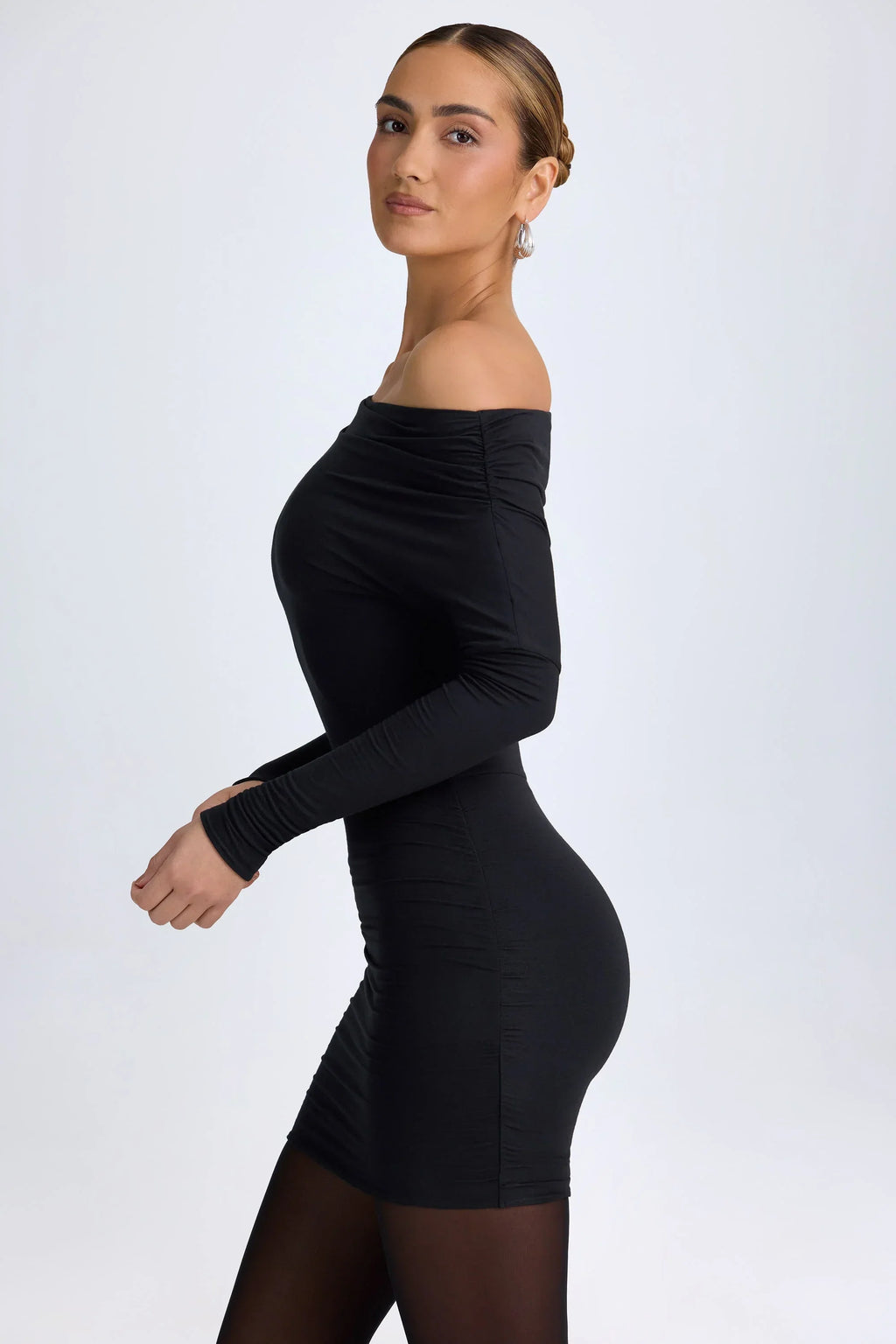 DressNovel Modal Off-Shoulder Ruched Mini Dress in Black