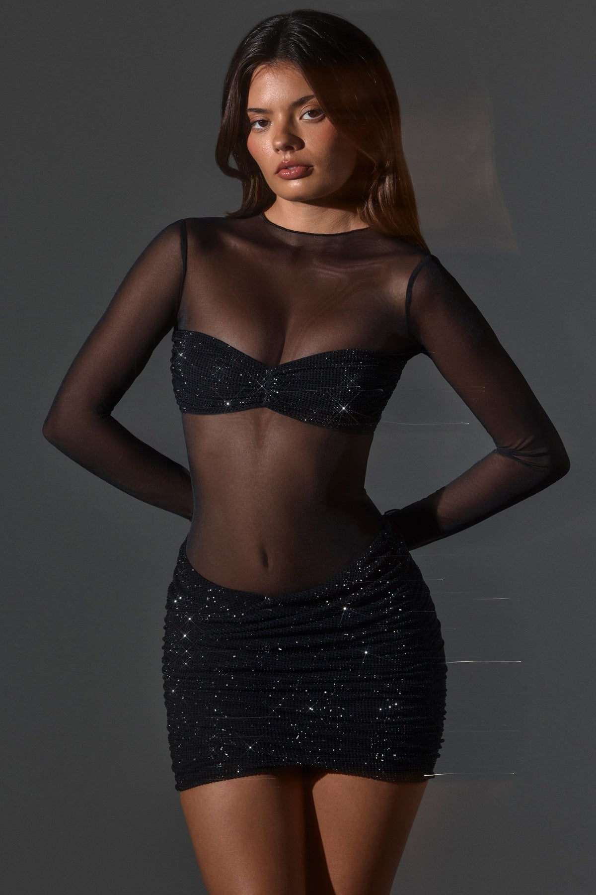Sheer DressNovel High-Neck Long Sleeve Mini Dress in Black