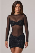 Sheer DressNovel High-Neck Long Sleeve Mini Dress in Black