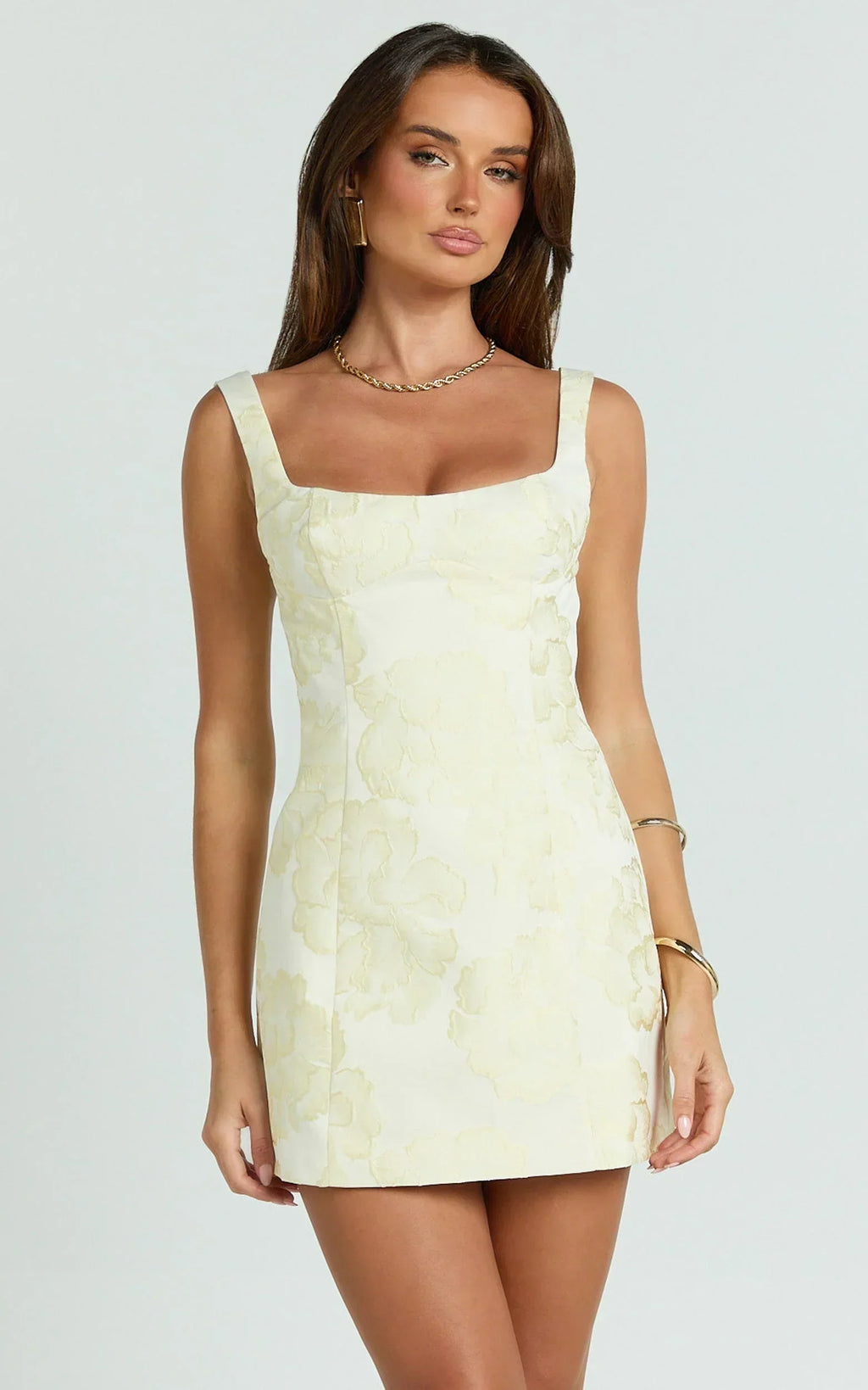 DressNovel Orla Mini Dress - Jacquard Scoop Neck Fitted Dress in Lemon