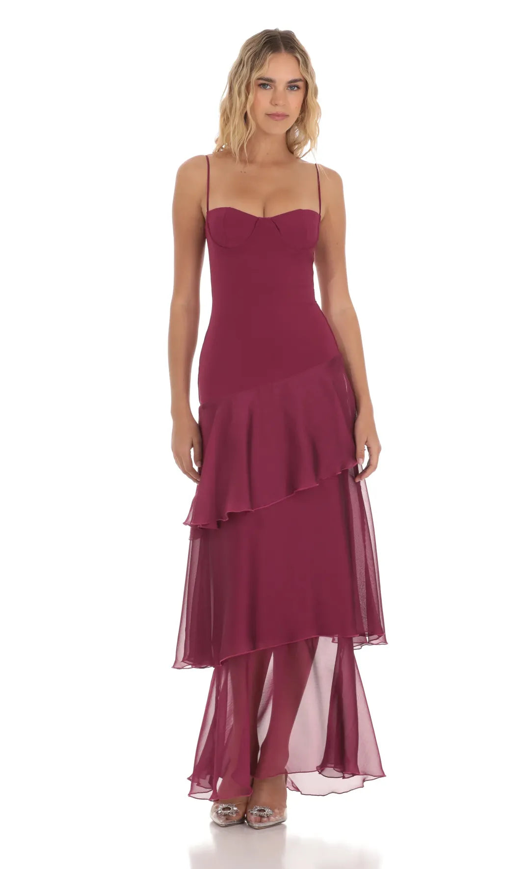 DressNovel Long Ruffle Maxi Dress in Plum