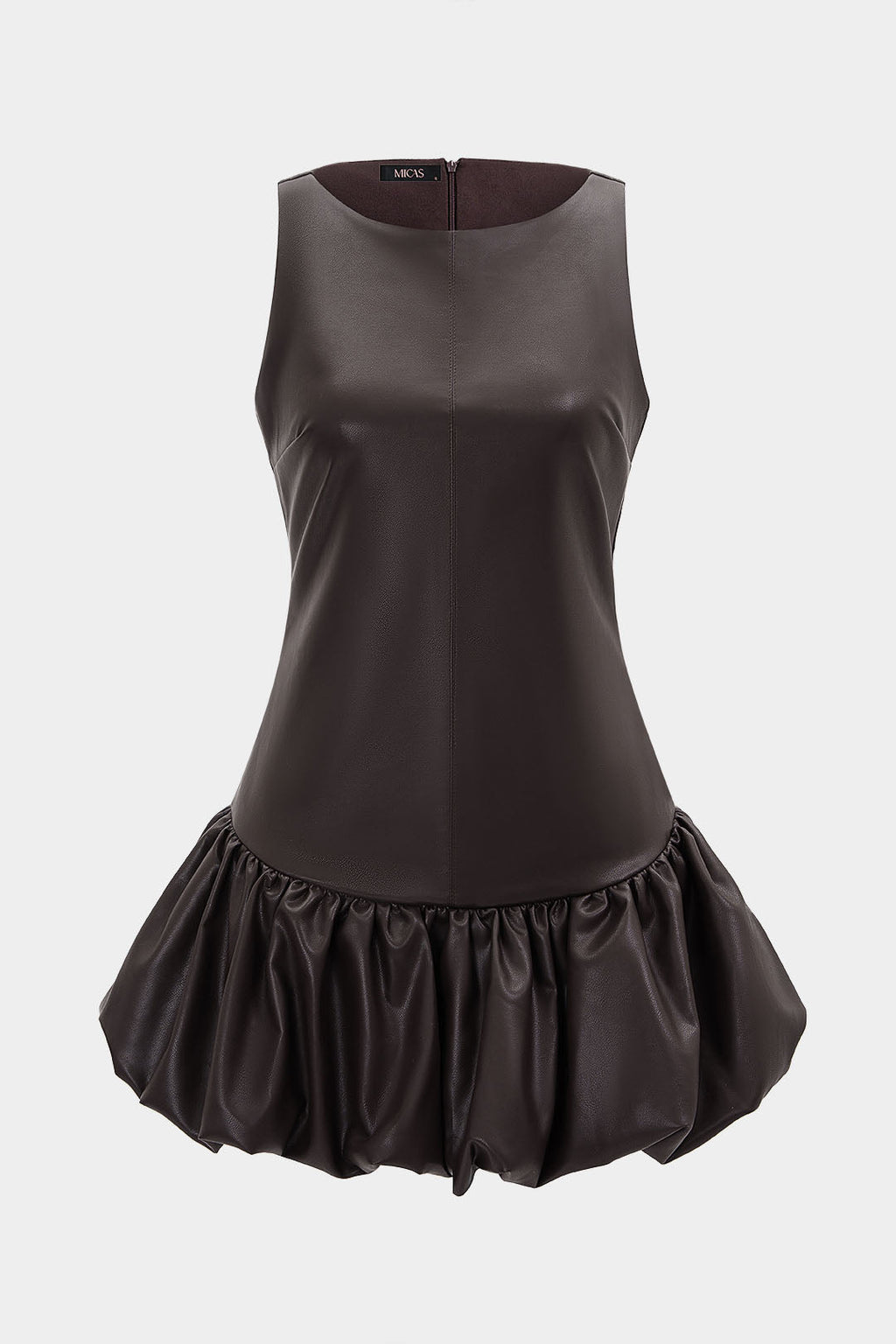 GownNovel Faux Leather Round Neck Ruched Hem Sleeveless Mini Dress