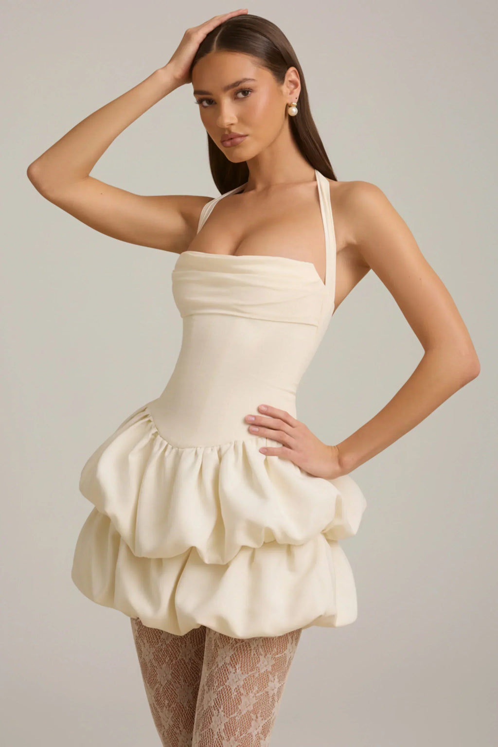 DressNovel Halterneck Layered Bubble Hem Corset Mini Dress in Ivory