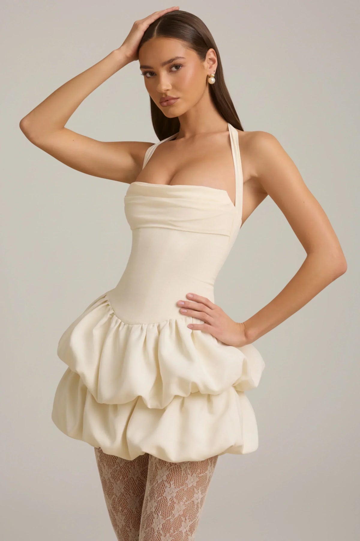 DressNovel Halterneck Layered Bubble Hem Corset Mini Dress in Ivory