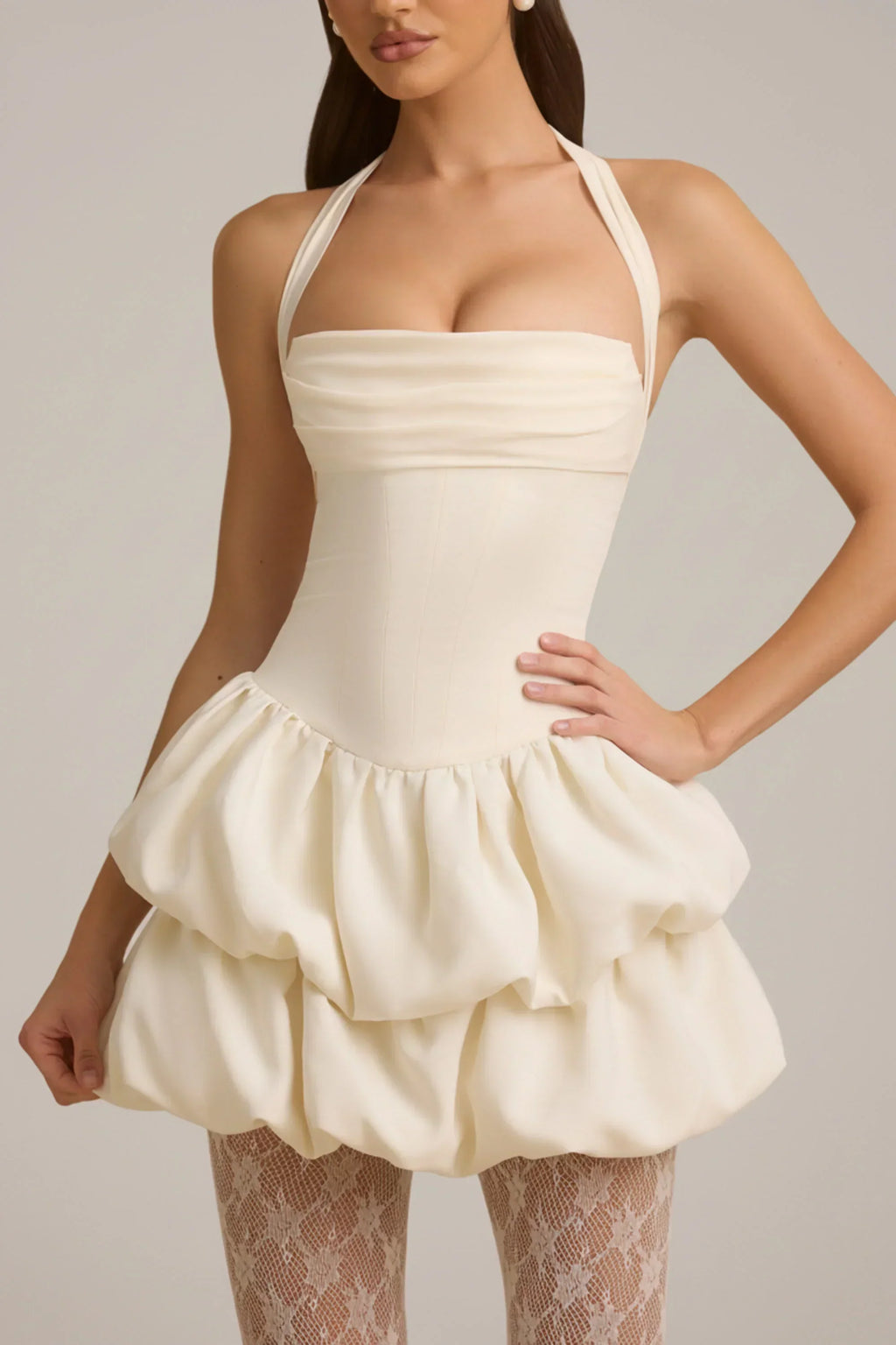DressNovel Halterneck Layered Bubble Hem Corset Mini Dress in Ivory
