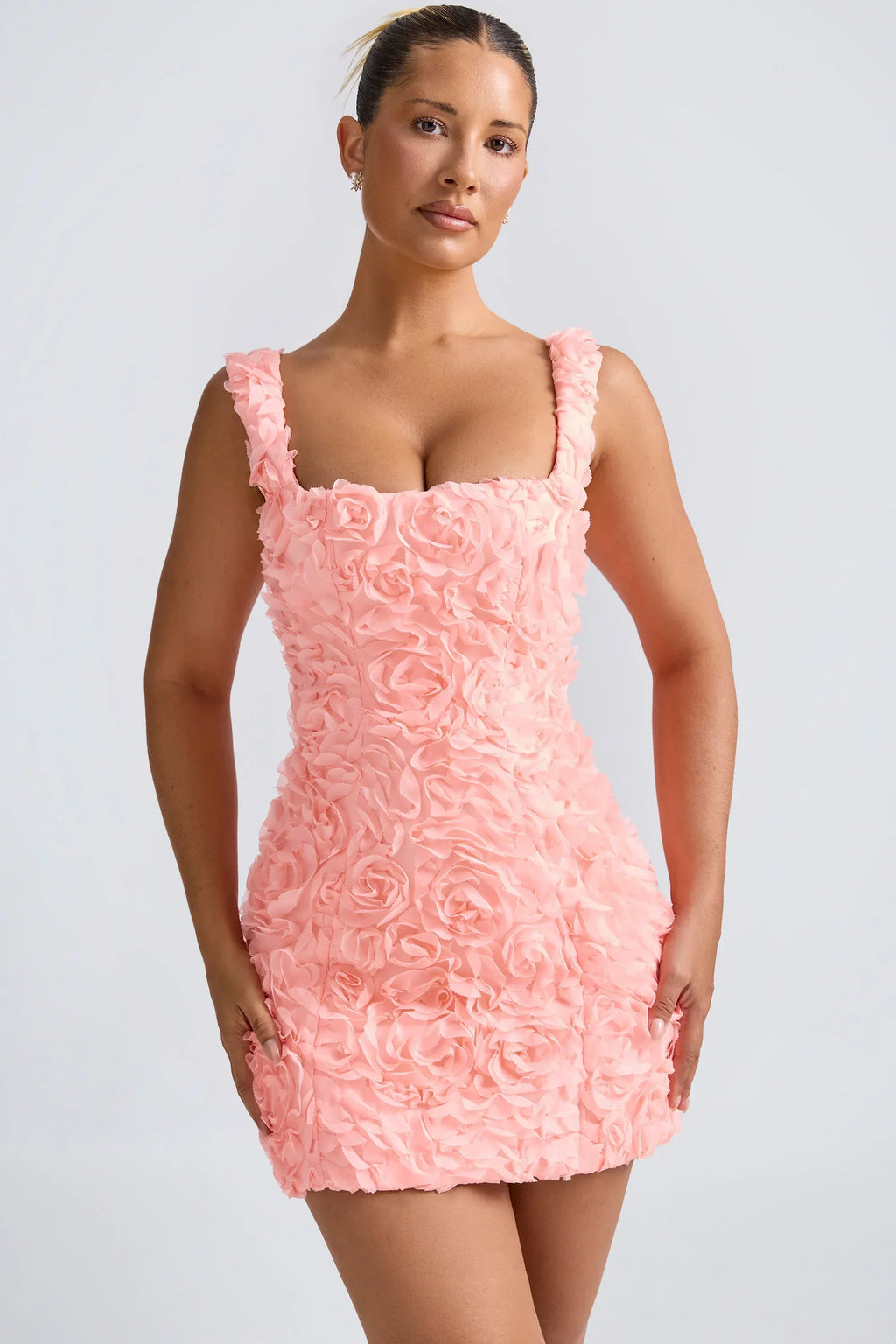 DressNovel Floral-Appliqué Corset Mini Dress in Coral