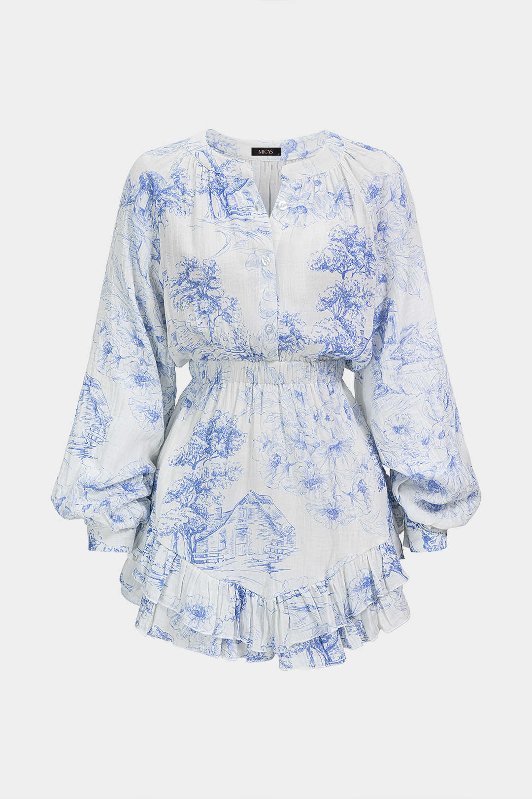 GownNovel Floral Print V-Neck Ruffle Hem Long Sleeve Mini Dress