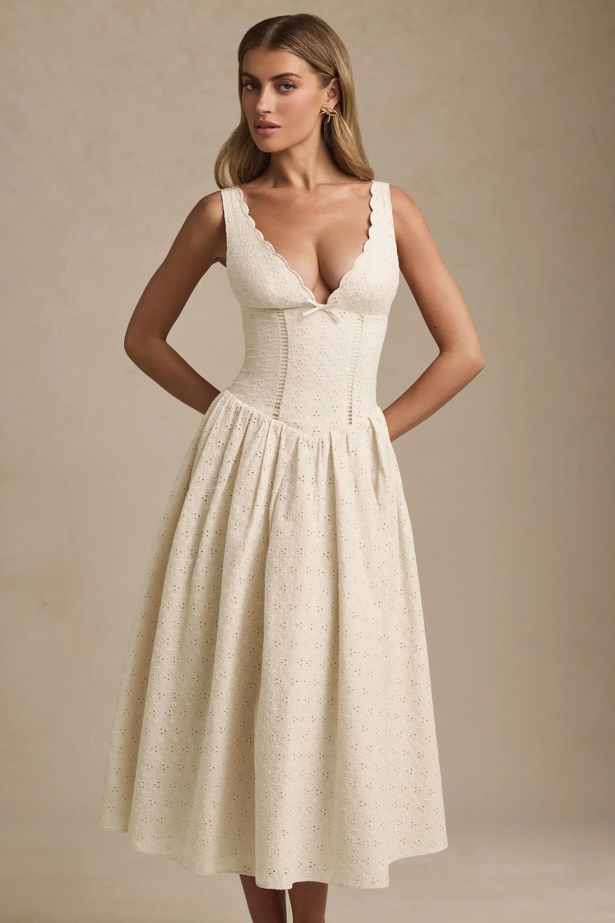 DressNovel Broderie Anglaise Bow-Detail A-Line Midaxi Dress in Ivory