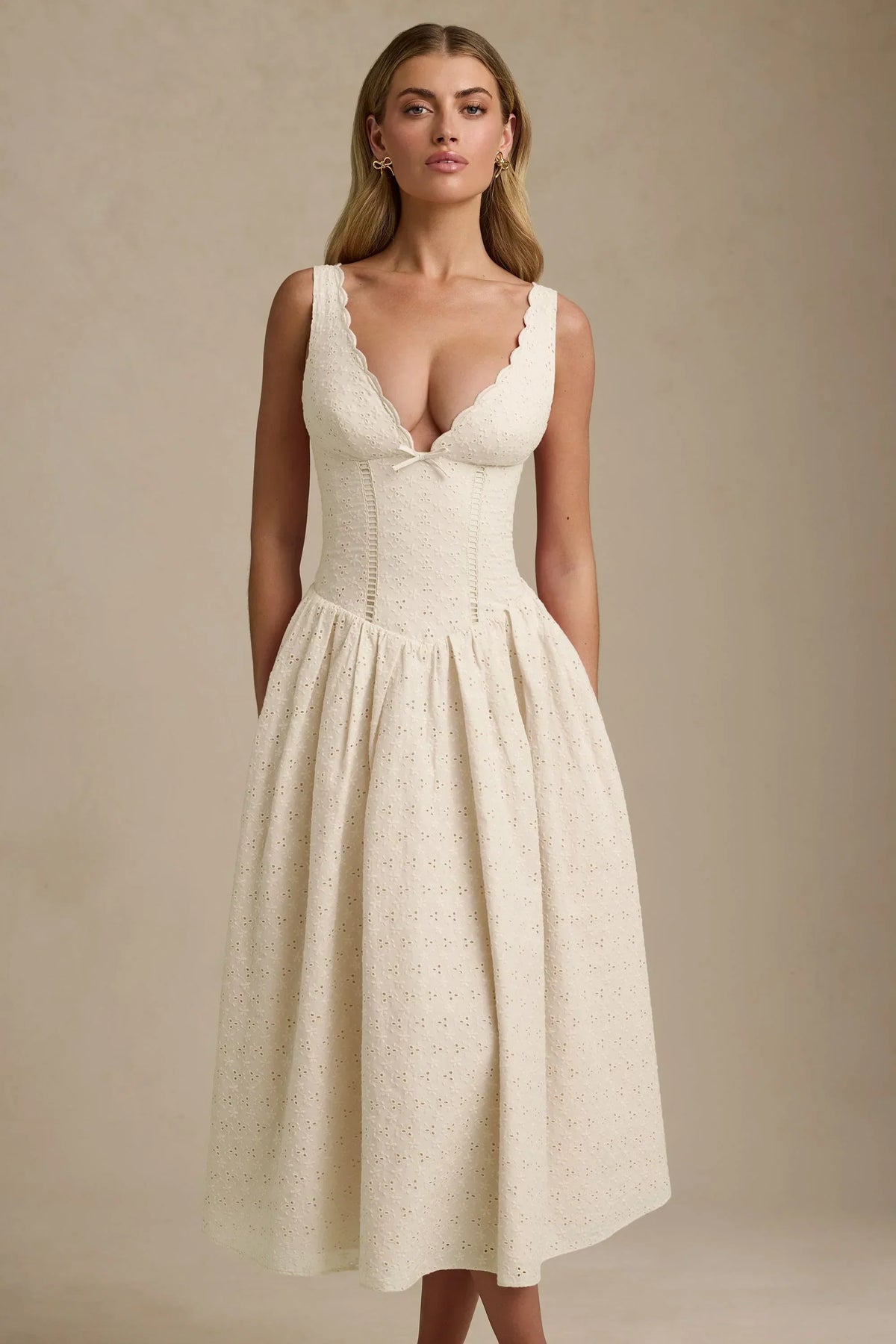 GownNovel Broderie Anglaise Bow-Detail A-Line Midaxi Dress in Ivory
