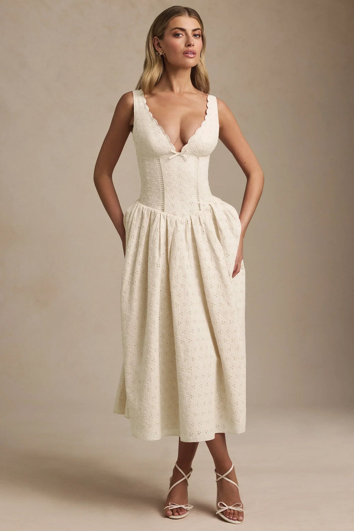 DressNovel Broderie Anglaise Bow-Detail A-Line Midaxi Dress in Ivory