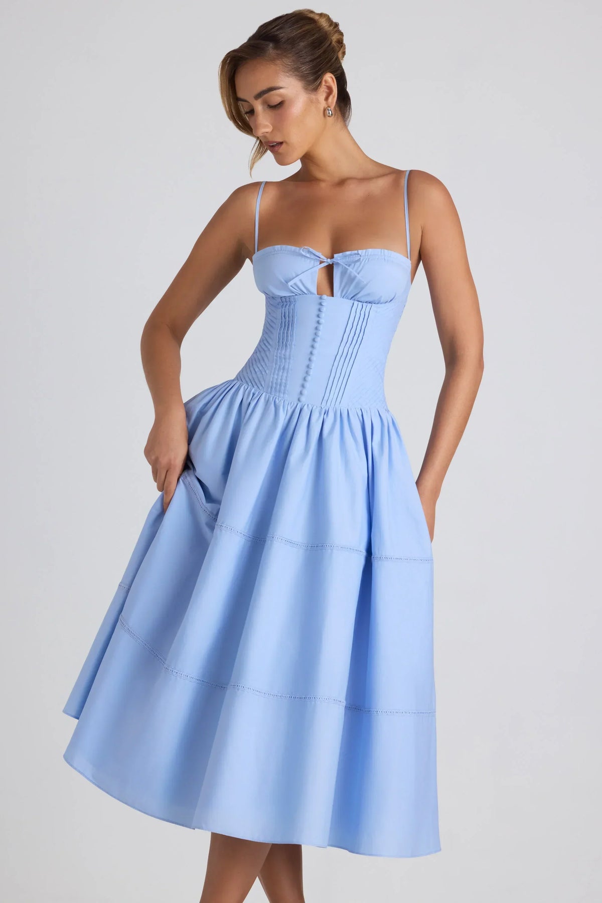 DressNovel-Lace-Trim Pintucked Poplin Midaxi Dress in Sky Blue