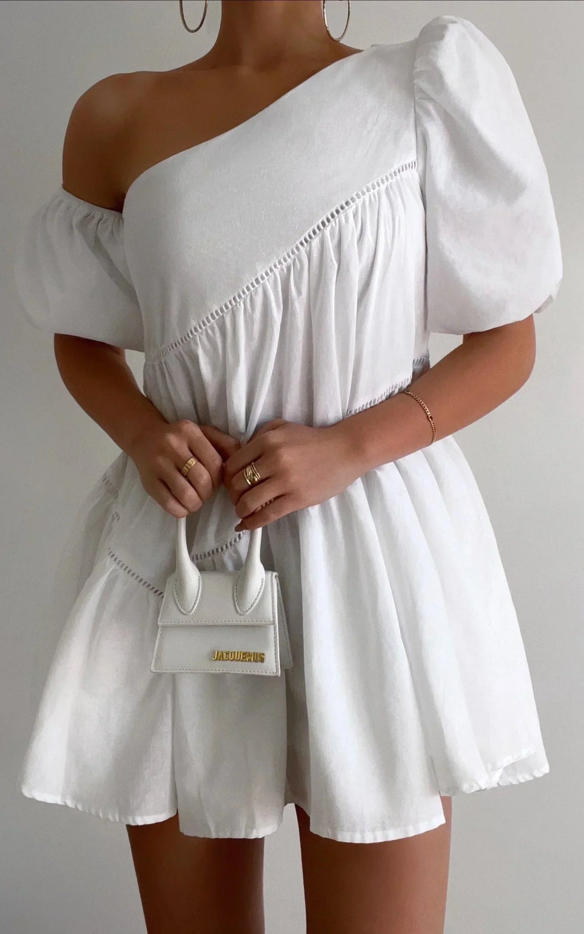 DressNovel Harleen Mini Dress - Linen Asymmetrical Trim Puff Sleeve Dress in White