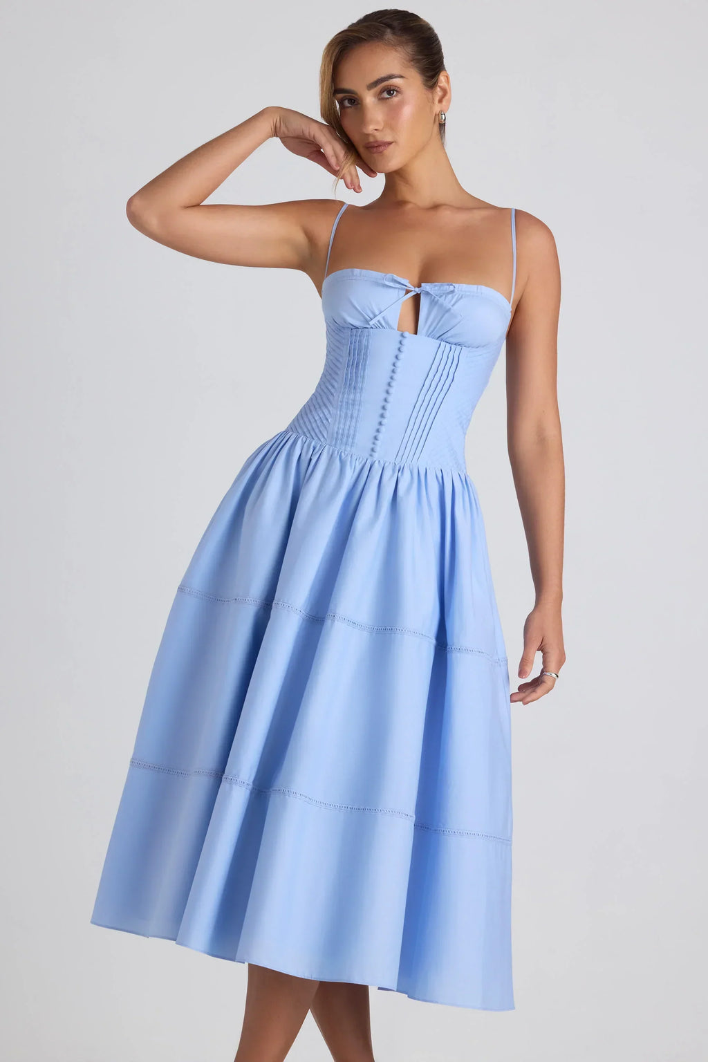 DressNovel-Lace-Trim Pintucked Poplin Midaxi Dress in Sky Blue