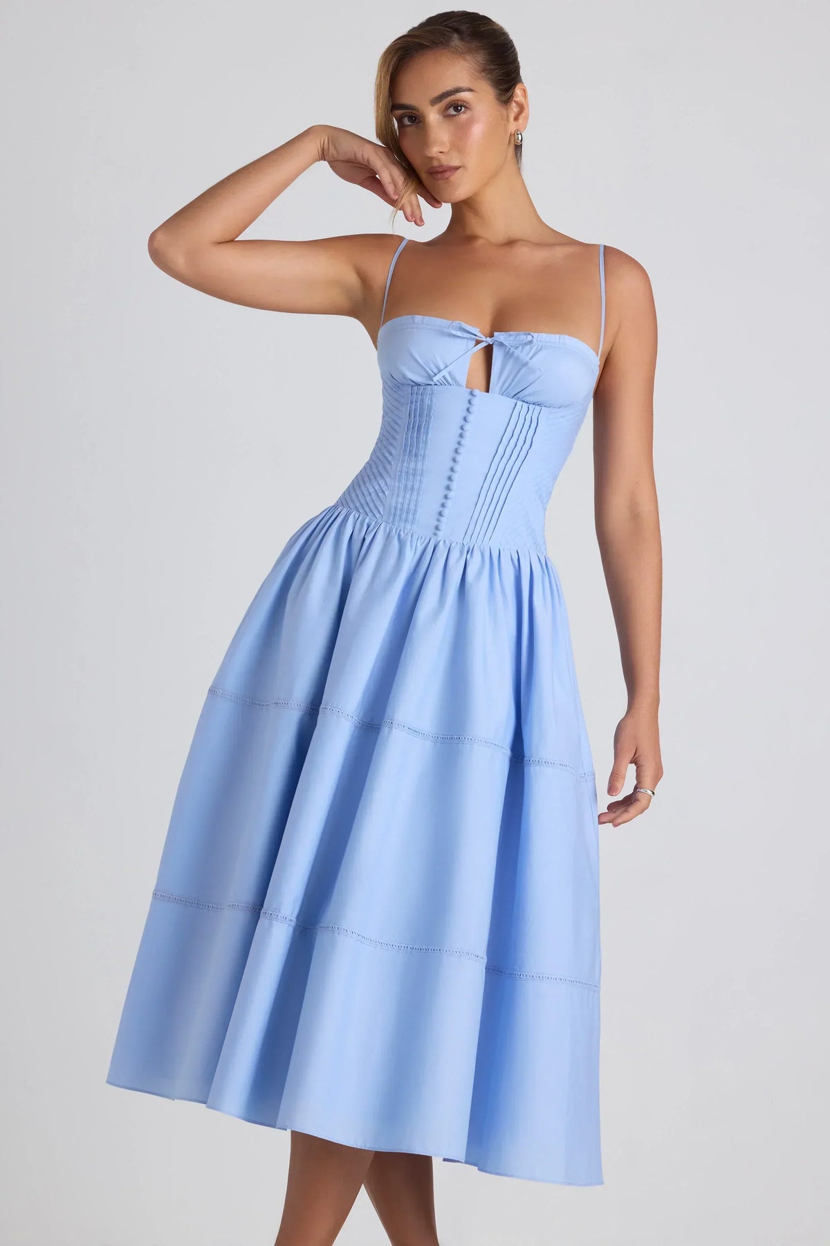 DressNovel-Lace-Trim Pintucked Poplin Midaxi Dress in Sky Blue