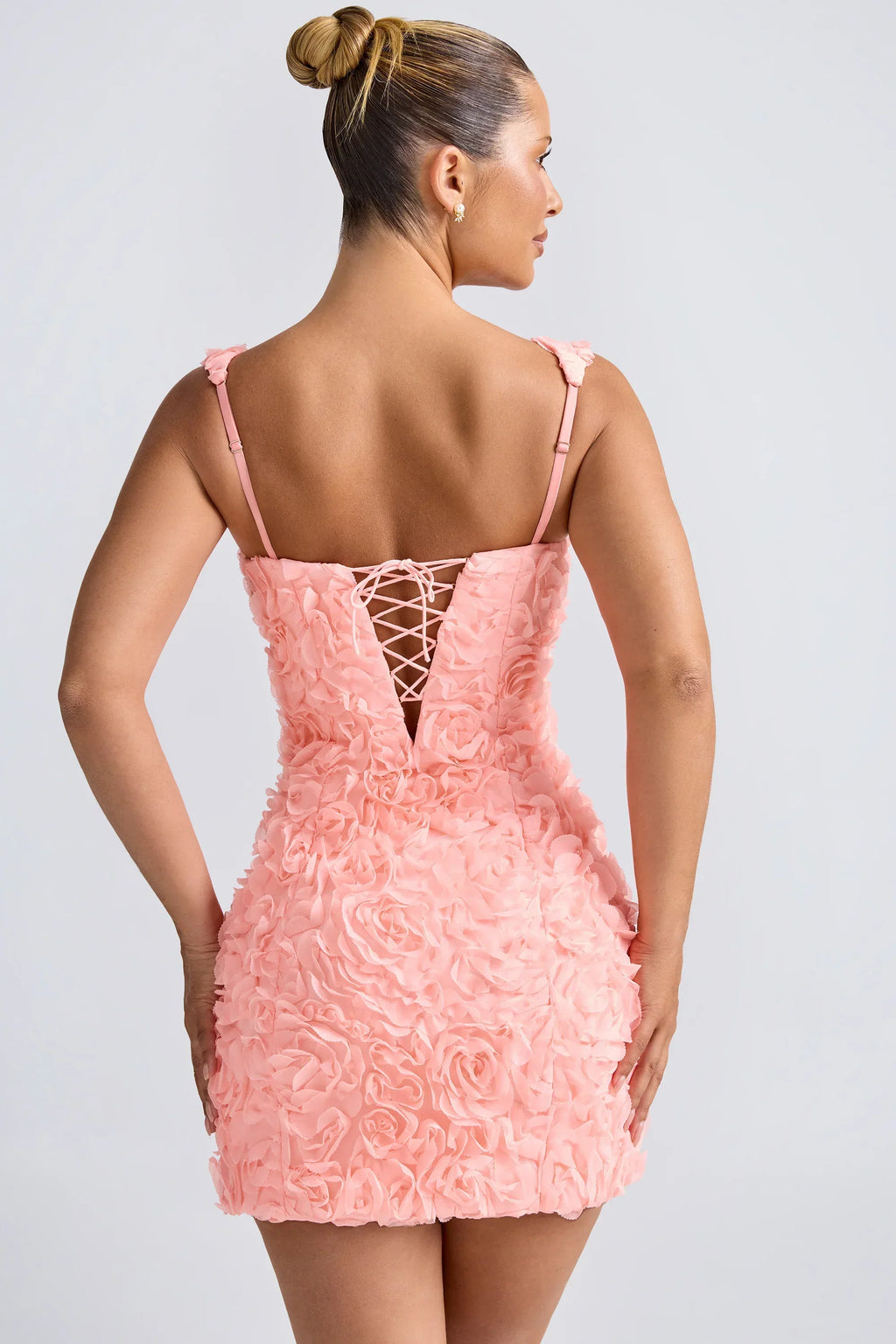 DressNovel Floral-Appliqué Corset Mini Dress in Coral