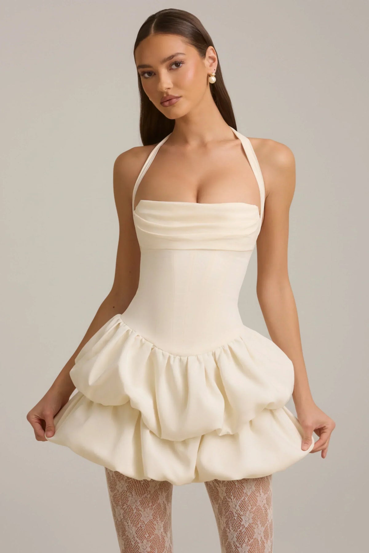 DressNovel Halterneck Layered Bubble Hem Corset Mini Dress in Ivory