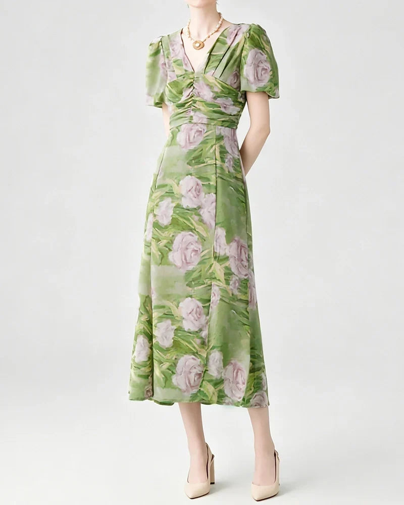 DressNovel Silk Floral V-Neck Puff Sleeve Midi Dress