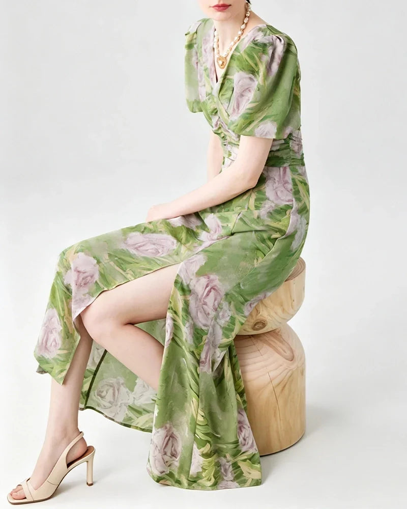 DressNovel Silk Floral V-Neck Puff Sleeve Midi Dress