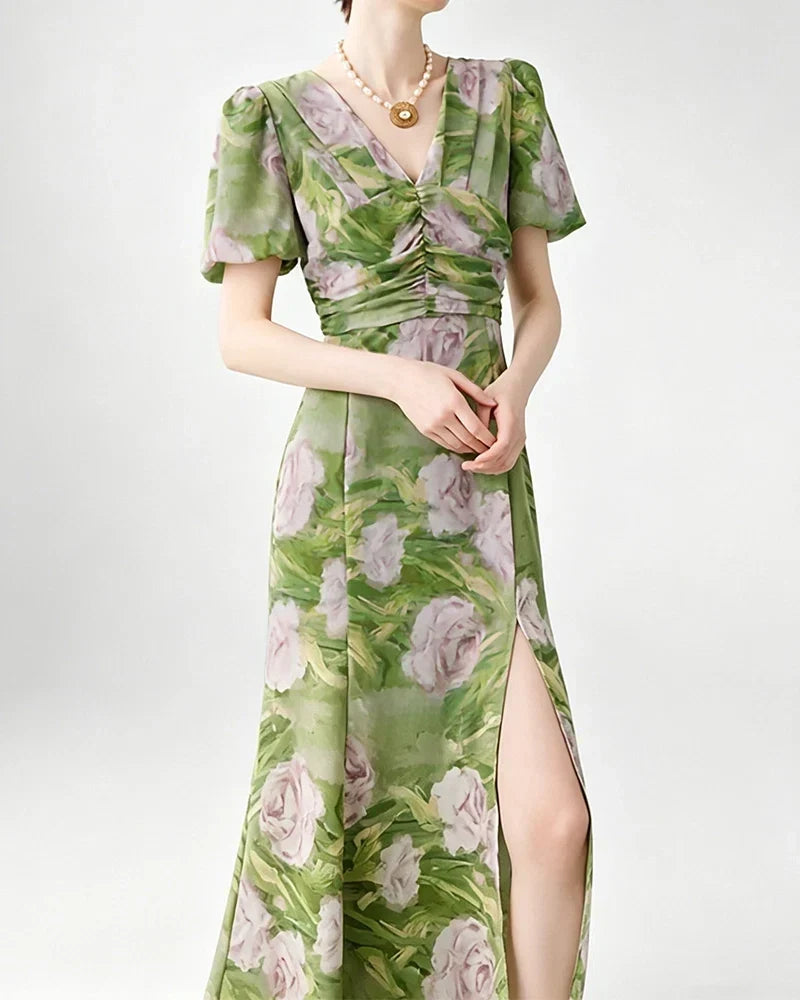 DressNovel Silk Floral V-Neck Puff Sleeve Midi Dress
