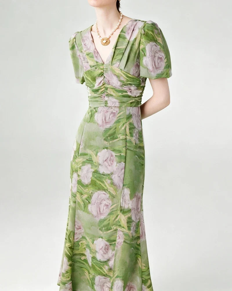 DressNovel Silk Floral V-Neck Puff Sleeve Midi Dress