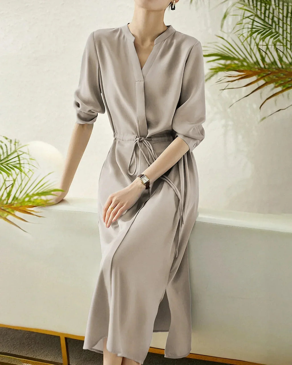 GownNovel 30 Momme Silk Drawstring Midi Shirt Dress