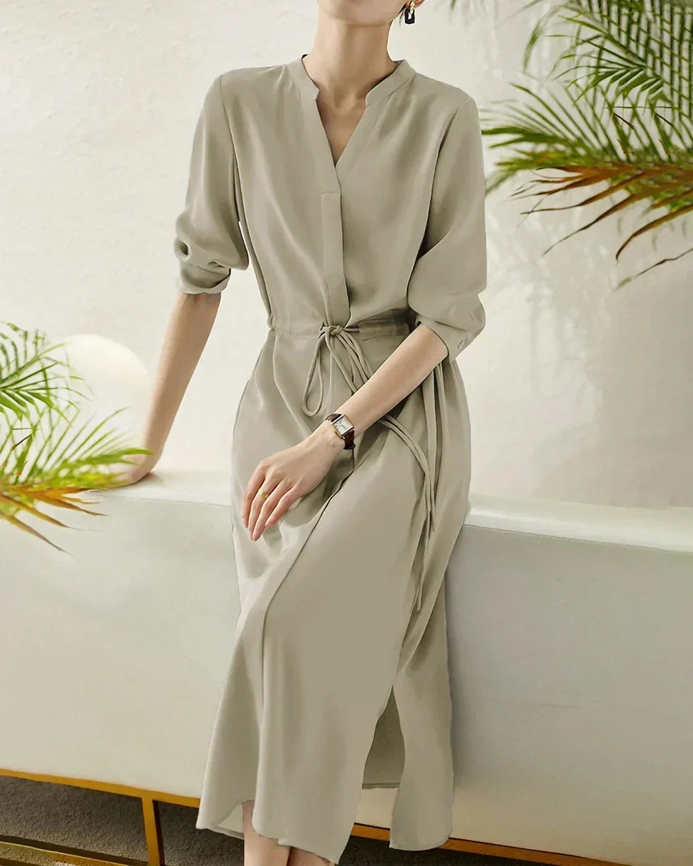 GownNovel 30 Momme Silk Drawstring Midi Shirt Dress