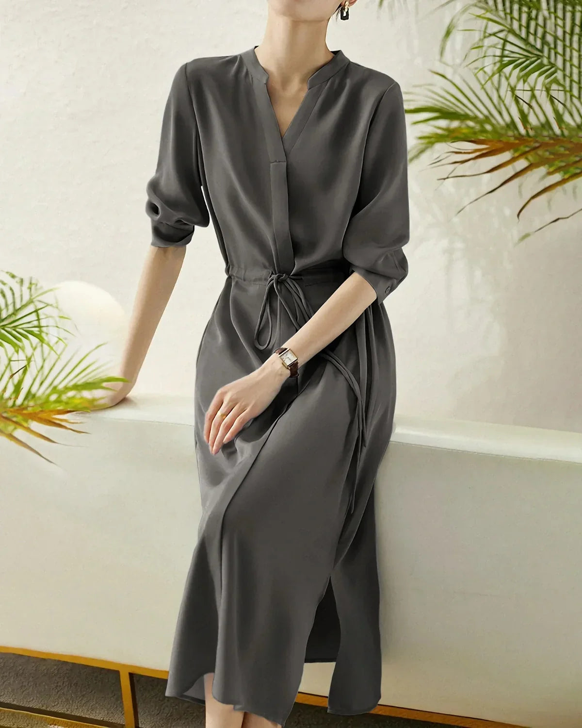 GownNovel 30 Momme Silk Drawstring Midi Shirt Dress