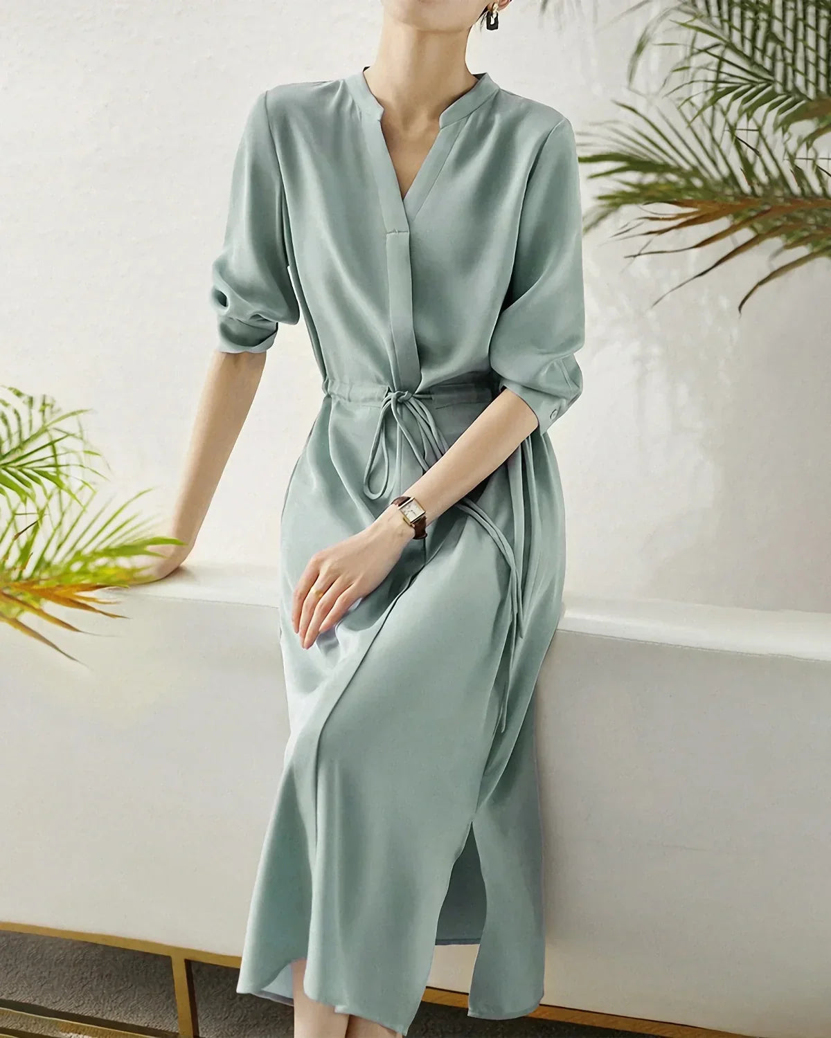 GownNovel 30 Momme Silk Drawstring Midi Shirt Dress