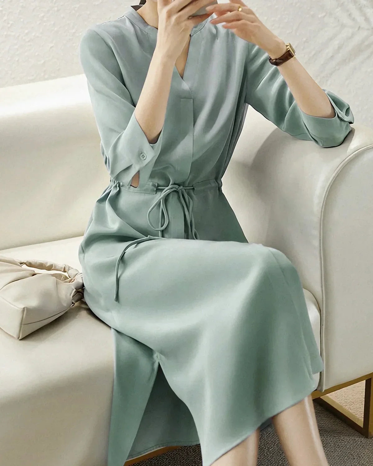 GownNovel 30 Momme Silk Drawstring Midi Shirt Dress