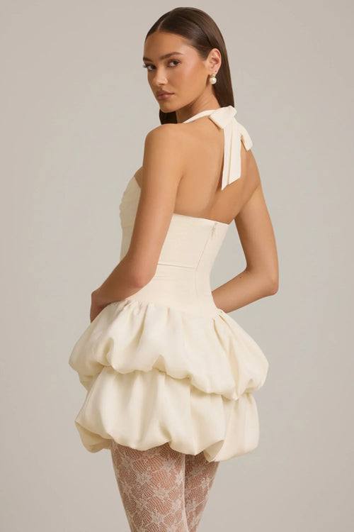 DressNovel Halterneck Layered Bubble Hem Corset Mini Dress in Ivory