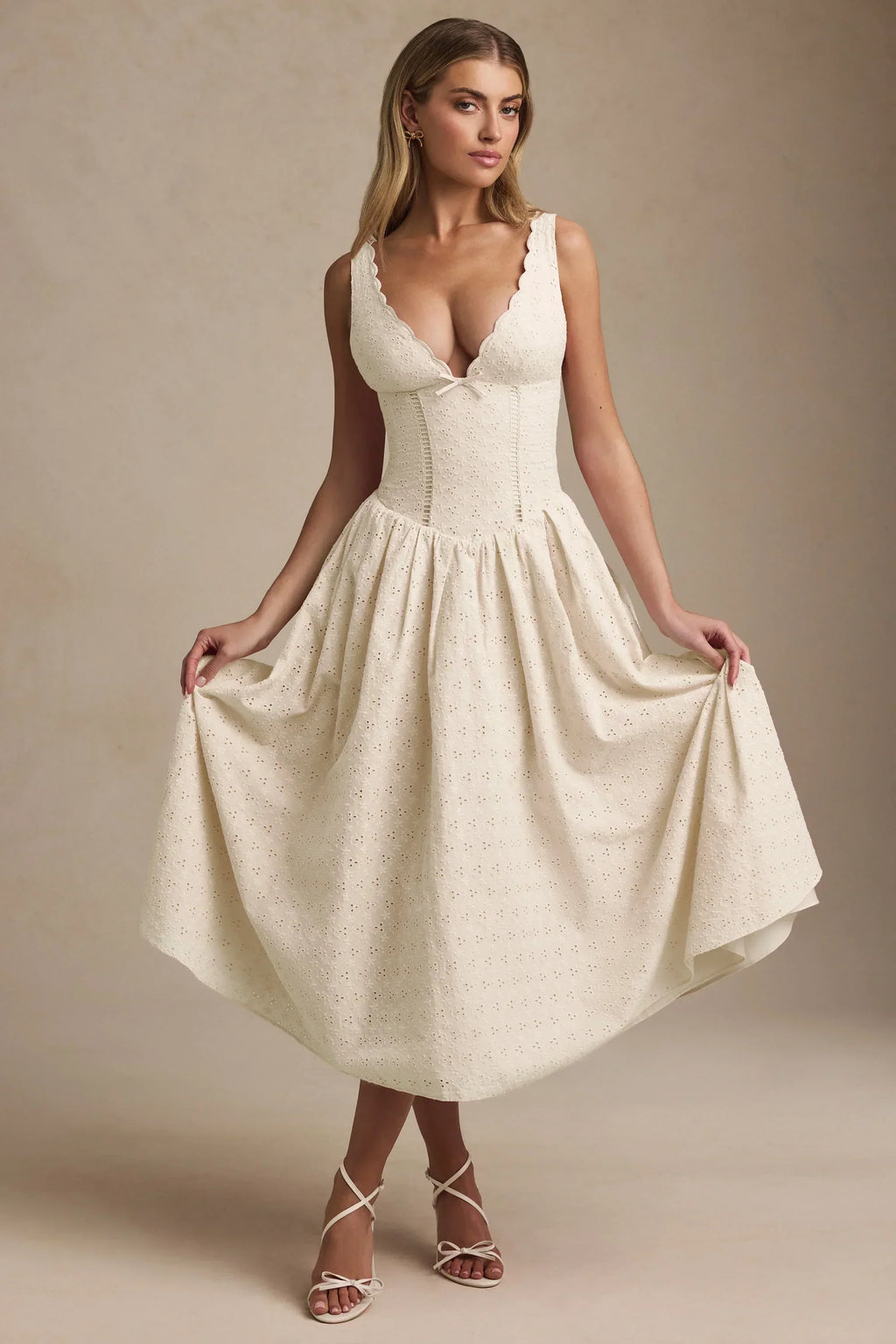 DressNovel Broderie Anglaise Bow-Detail A-Line Midaxi Dress in Ivory