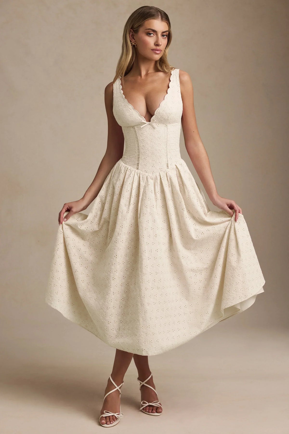 DressNovel Broderie Anglaise Bow-Detail A-Line Midaxi Dress in Ivory
