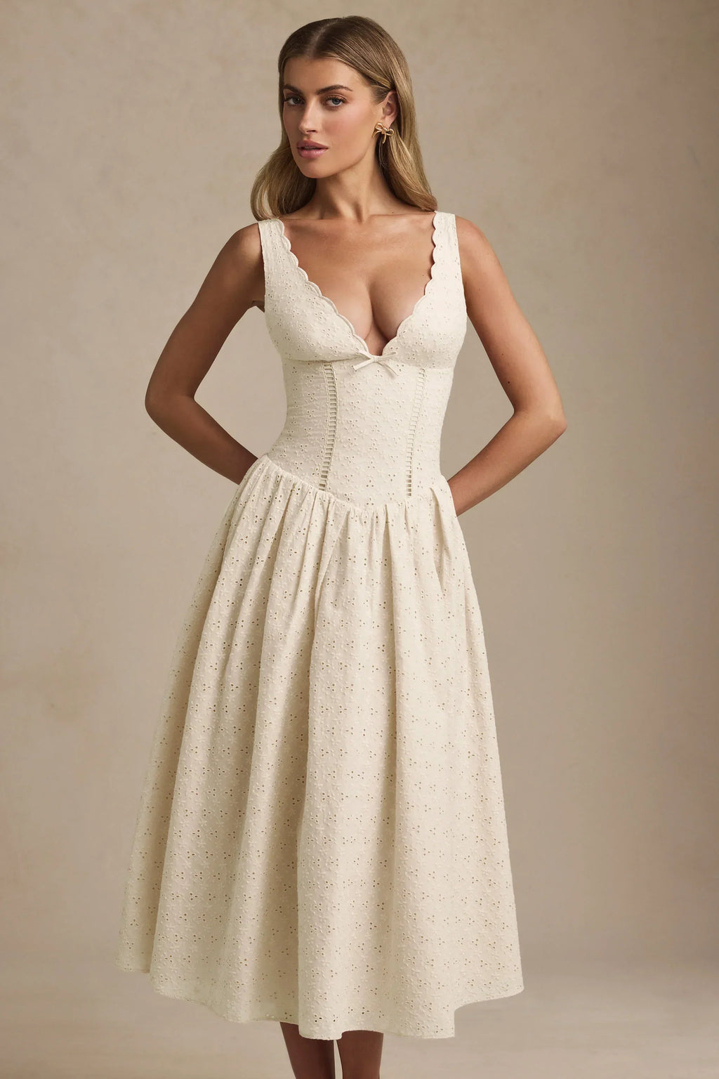 DressNovel Broderie Anglaise Bow-Detail A-Line Midaxi Dress in Ivory