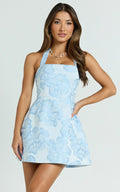 GownNovel Gabbie Mini Dress - Jacquard Halter Fit And Flare Dress in Blue