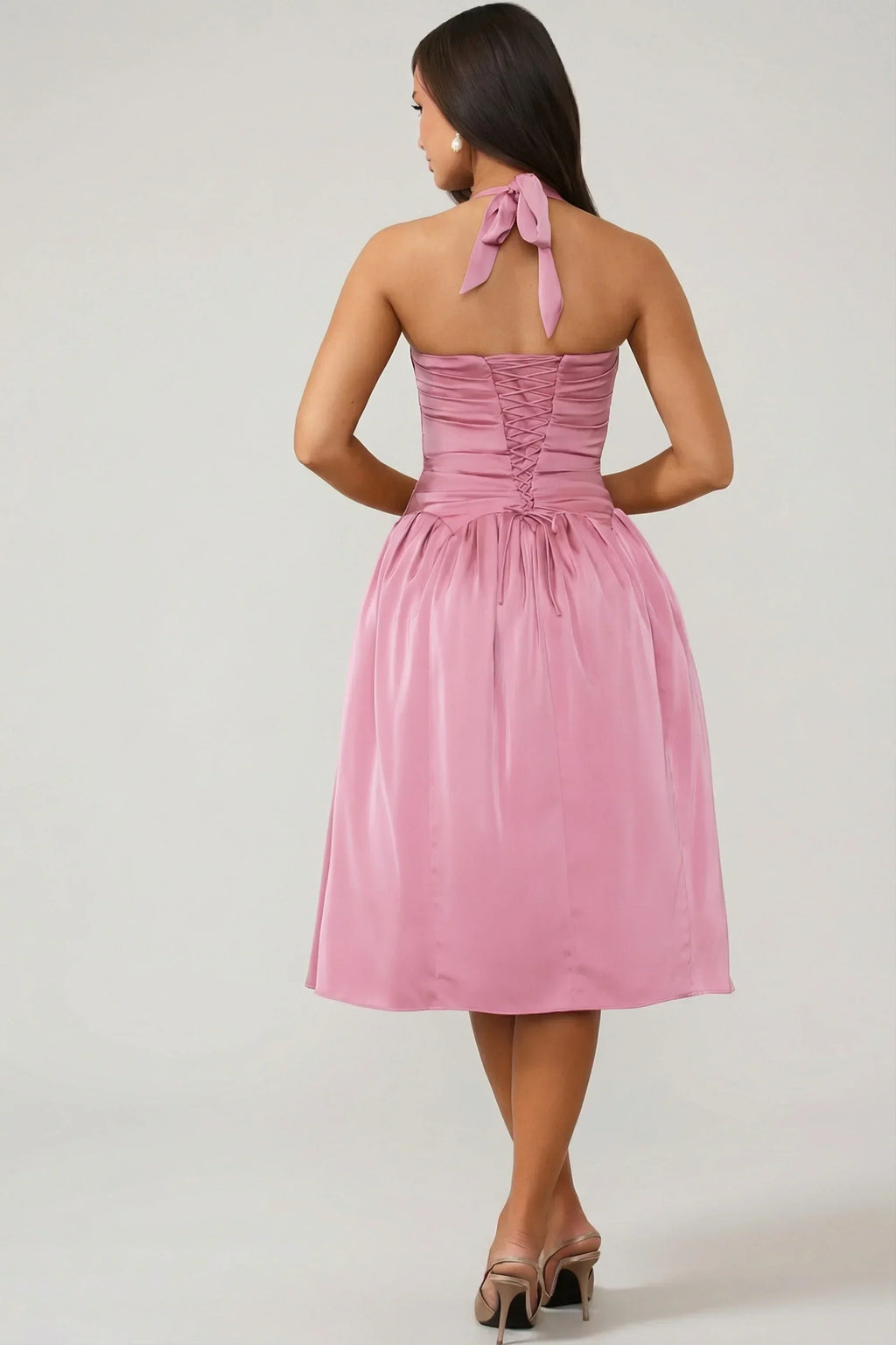 DressNovel Halterneck Lace-Up Ruched Corset Midi Dress in Mauve