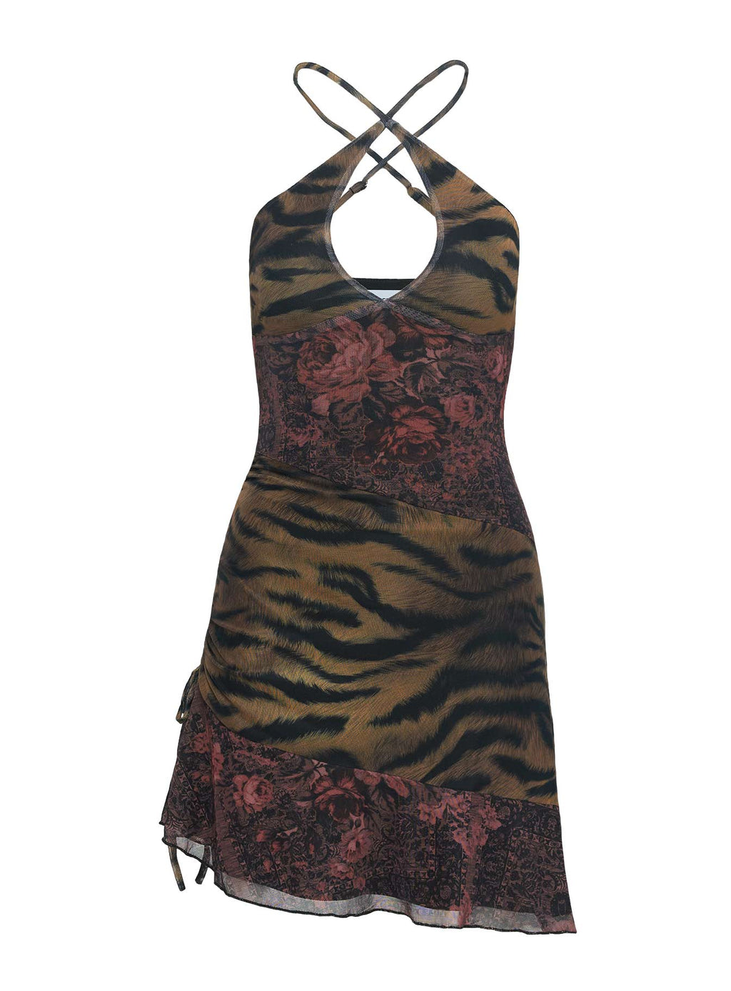 back view of model wearing Princess Polly Syrefena Halter Mini Dress Multi Plunger