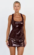 DressNovel Seville Mini Dress - Racer Back A Line Sequin Dress in Ruby