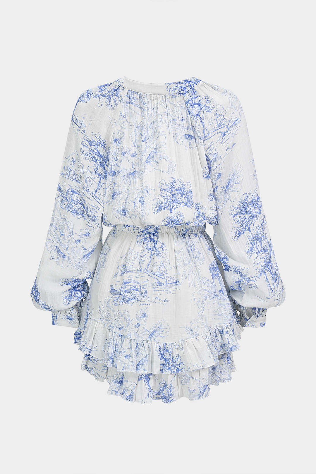 GownNovel Floral Print V-Neck Ruffle Hem Long Sleeve Mini Dress