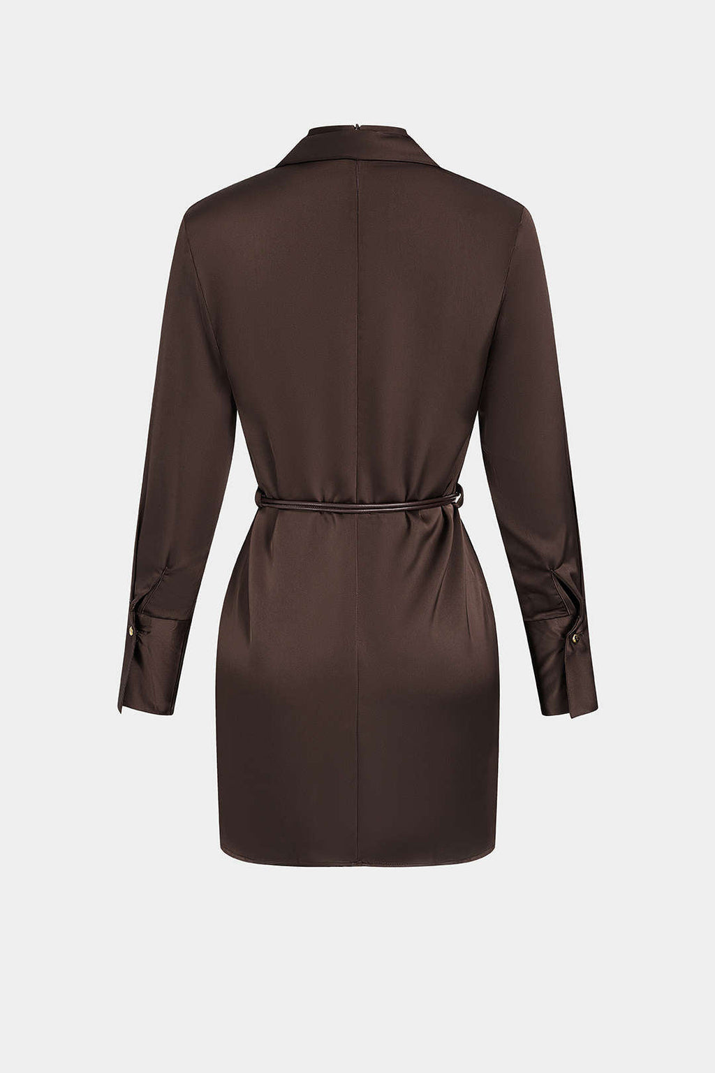 DressNovel Satin Stand Collar Belted Long Sleeve Mini Dress