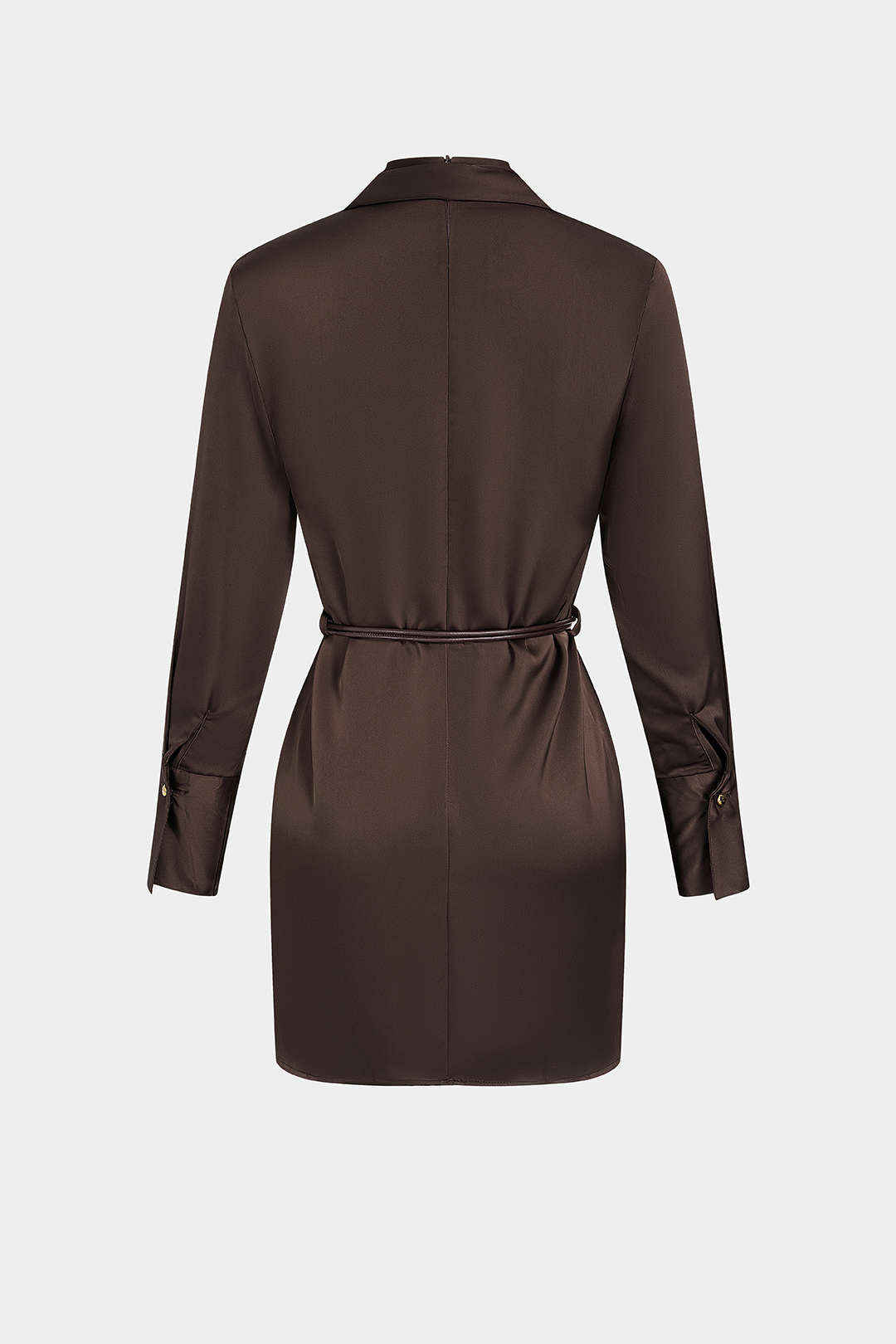 DressNovel Satin Stand Collar Belted Long Sleeve Mini Dress