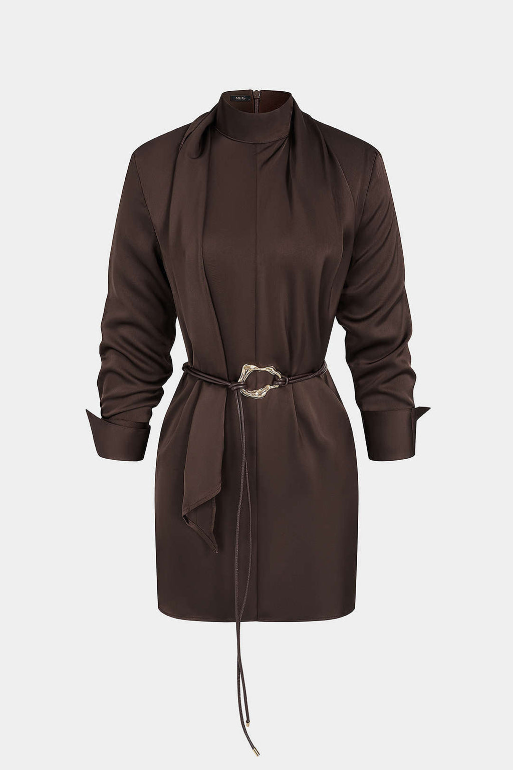DressNovel Satin Stand Collar Belted Long Sleeve Mini Dress