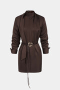 DressNovel Satin Stand Collar Belted Long Sleeve Mini Dress