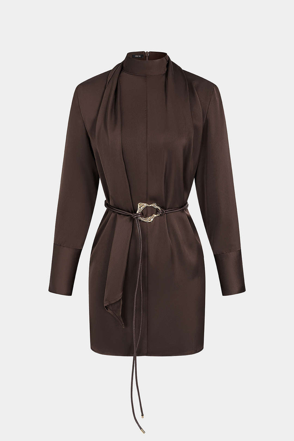 DressNovel Satin Stand Collar Belted Long Sleeve Mini Dress