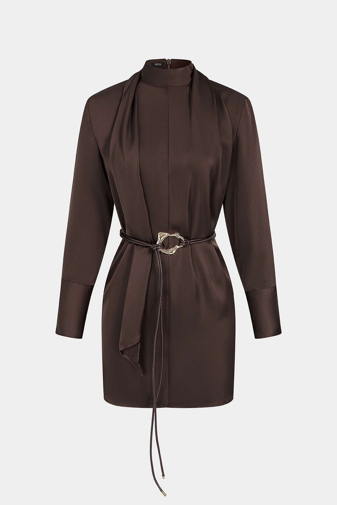 DressNovel Satin Stand Collar Belted Long Sleeve Mini Dress