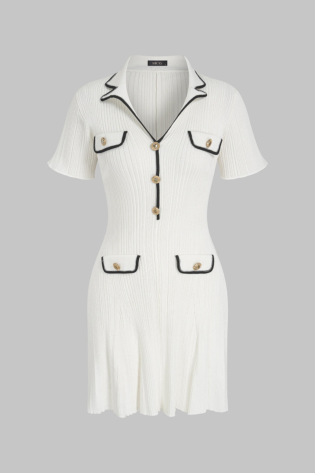 DressNovel Knit Contrast Trim Metallic Button Short Sleeve Mini Dress