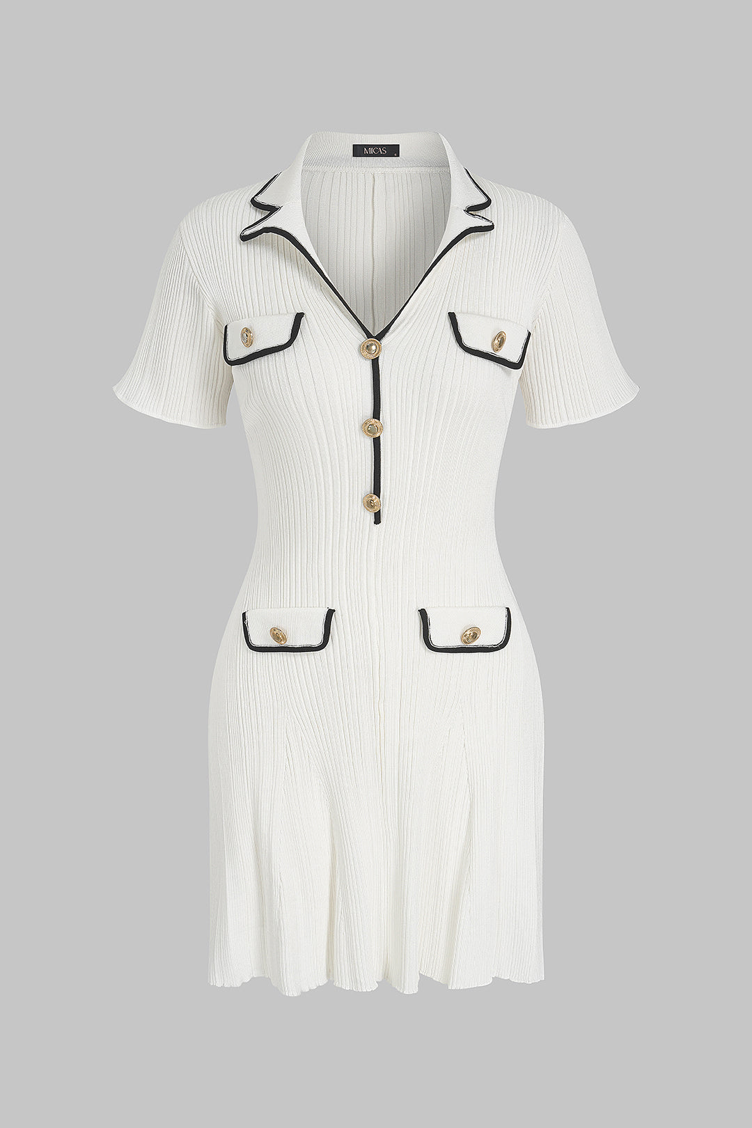 DressNovel Knit Contrast Trim Metallic Button Short Sleeve Mini Dress